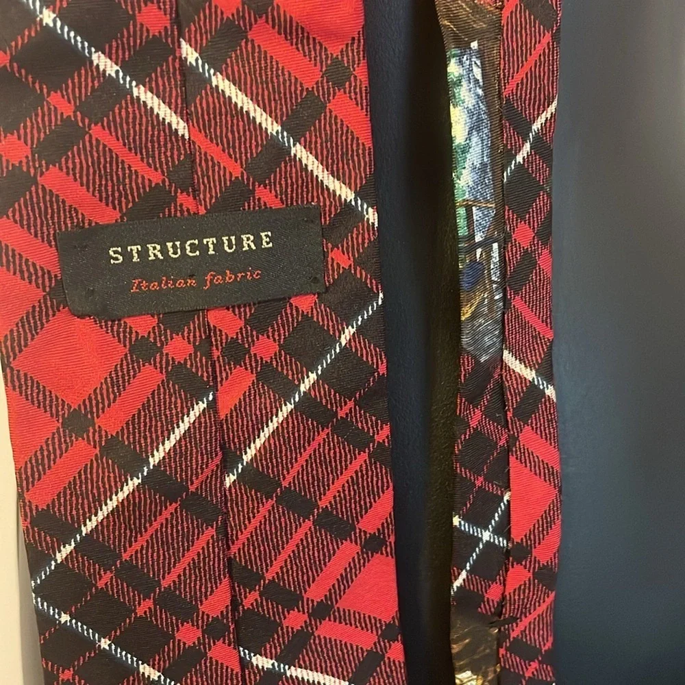 Structure Silk Italian Fabric Vintage Red Plaid Cabin in Woods Necktie Tie